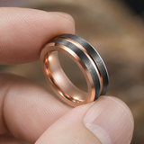 Two-Tone Brushed Titanium Steel Ring, Rose Gold & Black Grooved Wedding Band, 8mm Comfort Fit Mens Promise Ring