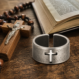 Vintage Antiqued Open-Band Cross Cutout Stainless Steel Ring