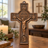 Hand-Carved Beechwood Saint Benedict Protection Crucifix – Christian Wall Cross