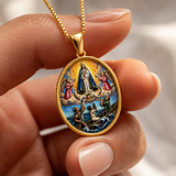 3D Raised Color Enamel Our Lady of Charity Oval Gold Stainless Steel Necklace