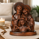 Holy Family Round Wooden Tabletop Ornament for Christian home display and prayer spaces