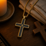 Two-Tone Bevel Edge Carbon Fiber Textured Inlaid Tiny Cross Stainless Steel Necklace