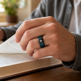 Black Polished Blue Opal Inlay Laser Engraved Cross Stainless Steel Ring