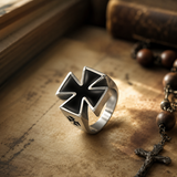3D Raised Black Enamel Maltese Cross Stainless Steel Mens Ring