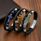 English Product Description for 21cm Stone Cross Leather Bracelet