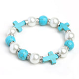 Crucifix Bracelet Turquoise Sparkling Diamonds Pearls Single Loop Bracelet - BGCOPPER