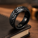 Two-Tone Tire Tread Pattern Mens Stainless Steel Band Ring