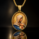 Enamel Immaculate Heart Virgin Mary Oval Gold Stainless Steel Necklace