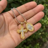 Two Charms Necklace, Iced Cross & Miraculous Medal Pendant, 316L Stainless Steel Religious Ball Chain Jewelry
