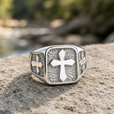 Triple Sides Embossed Cross Hammered Texture Stainless Steel Men’s Signet Ring
