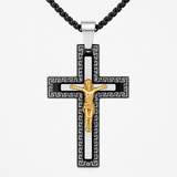 Vintage Greek Key Border Two Tone 3D Crucifix Stainless Steel Necklace