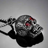 Men's Stainless Steel Cubic Zircnia Eyes Engraved Skull Pendant Necklace - BGCOPPER