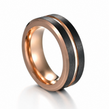 Two-Tone Brushed Titanium Steel Ring, Rose Gold & Black Grooved Wedding Band, 8mm Comfort Fit Mens Promise Ring