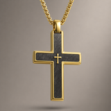 Two-Tone Bevel Edge Carbon Fiber Textured Inlaid Tiny Cross Stainless Steel Necklace