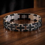 Double Layer Interlocking Textured Cross Two-Tone Stainless Steel Men’s Bracelet - design detail