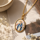 3D Enamel Our Lady of Grace Oval Necklace, Double Sided Tree of Life Stainless Steel Pendant