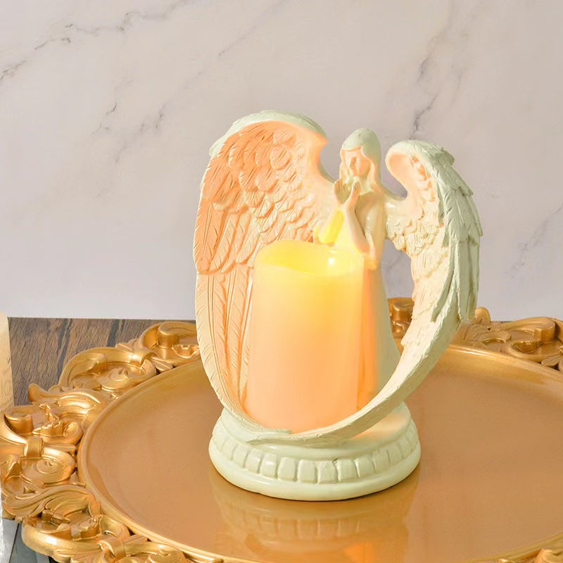 Angel Candle Holder with LED Candle Battery Powered Angel Memorial Gifts Angel Wing Praying Statue for Home Decoration