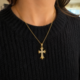 Full Inlaid CZ Gothic Fleur-de-lis Cross Stainless Steel Necklace