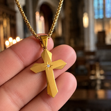 Faceted Eight Point North Star CZ Inlay Stainless Steel Cross Necklace