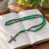 Green Malachite-Style Bead Christian Cross Prayer Rosary Necklac