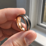Two-Tone Brushed Titanium Steel Ring, Rose Gold & Black Grooved Wedding Band, 8mm Comfort Fit Mens Promise Ring