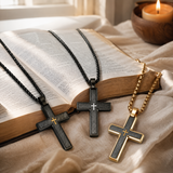 Two-Tone Bevel Edge Carbon Fiber Textured Inlaid Tiny Cross Stainless Steel Necklace