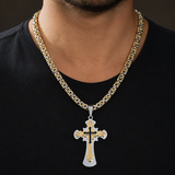 Heavy‑Duty Gothic CZ Inlay Cross Byzantine Chain Pendant Necklace