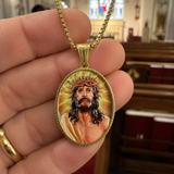 3D Embossed Enamel Crown of Thorns Jesus Oval Stainless Steel Necklace