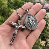 Jesus Cross and Virgin Mary Combination Necklace Pendant - product view