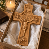Hand-Carved Beechwood Saint Benedict Protection Crucifix – Christian Wall Cross