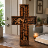 Christ Still Reaches Down – Hand-Carved Beechwood Savior Cross - size and finish detail