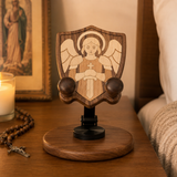 Black Walnut “Archangel Michael” Adjustable Phone Stand—A Faith-Inspired Wooden Desktop Stand