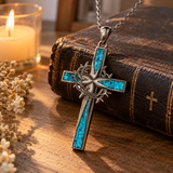 Faith Through Every Thorn – Turquoise Cross Necklace with Crown of Thorns | Christian Jewelry Gift