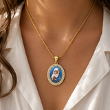 Iced Oval Praying Virgin Mary Portrait Pendant Necklace, 316L Stainless Steel Gold Plated Our Lady Medal Necklace With Rope Chain Religious Jewelry