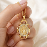 Two‑Tone Rose Virgin Mary Necklace, Vintage Zircon Religious Pendant for Women