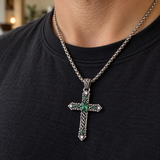 Vintage Green Stone Cross Pendant Necklace for Men