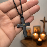 Two-Tone Bevel Edge Carbon Fiber Textured Inlaid Tiny Cross Stainless Steel Necklace