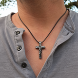 Hand Forged Steel Cross Pendant with Leather Cord – Rustic Christian Necklace for Men