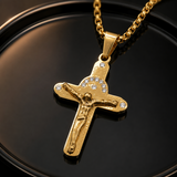 Crucifix Cross Necklace with Crystals, 316L Stainless Steel Religious Pendant for Men