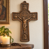 Hand-Carved Beechwood Saint Benedict Protection Crucifix – Christian Wall Cross
