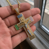 Multicolor Zircon Jesus Crucifix Gold‑Tone Stainless Steel Necklace
