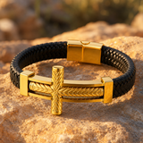 Wheat‑Textured Cross Titanium Steel Braided Leather Men’s Bracelet