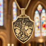 Archangel Michael Shield Pendant Necklace for Men,316L Stainless Steel Vintage 3D Relief Religious Amulet Necklace,Faith Protection Jewelry Gift