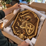 St. Michael Archangel Hand-Carved Wooden Wall Plaque – Sword & Shield of Divine Protection