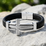 Wheat‑Textured Cross Titanium Steel Braided Leather Men’s Bracelet