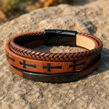 Multi‑Layer Braided Cross Printed Men Leather Bracelet, Vintage PU Leather Magnetic Clasp Religious Wrist Jewelry