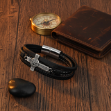 Dark wood flat lay compass wallet