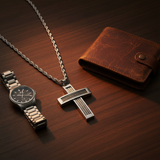 Dark wood flat lay wallet watch