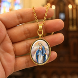 3D Enamel Our Lady of Grace Oval Necklace, Double Sided Tree of Life Stainless Steel Pendant