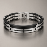 Two-Tone Black Silver Inlaid Black Crystal Cross Heavy Stainless Steel Link Bracelet